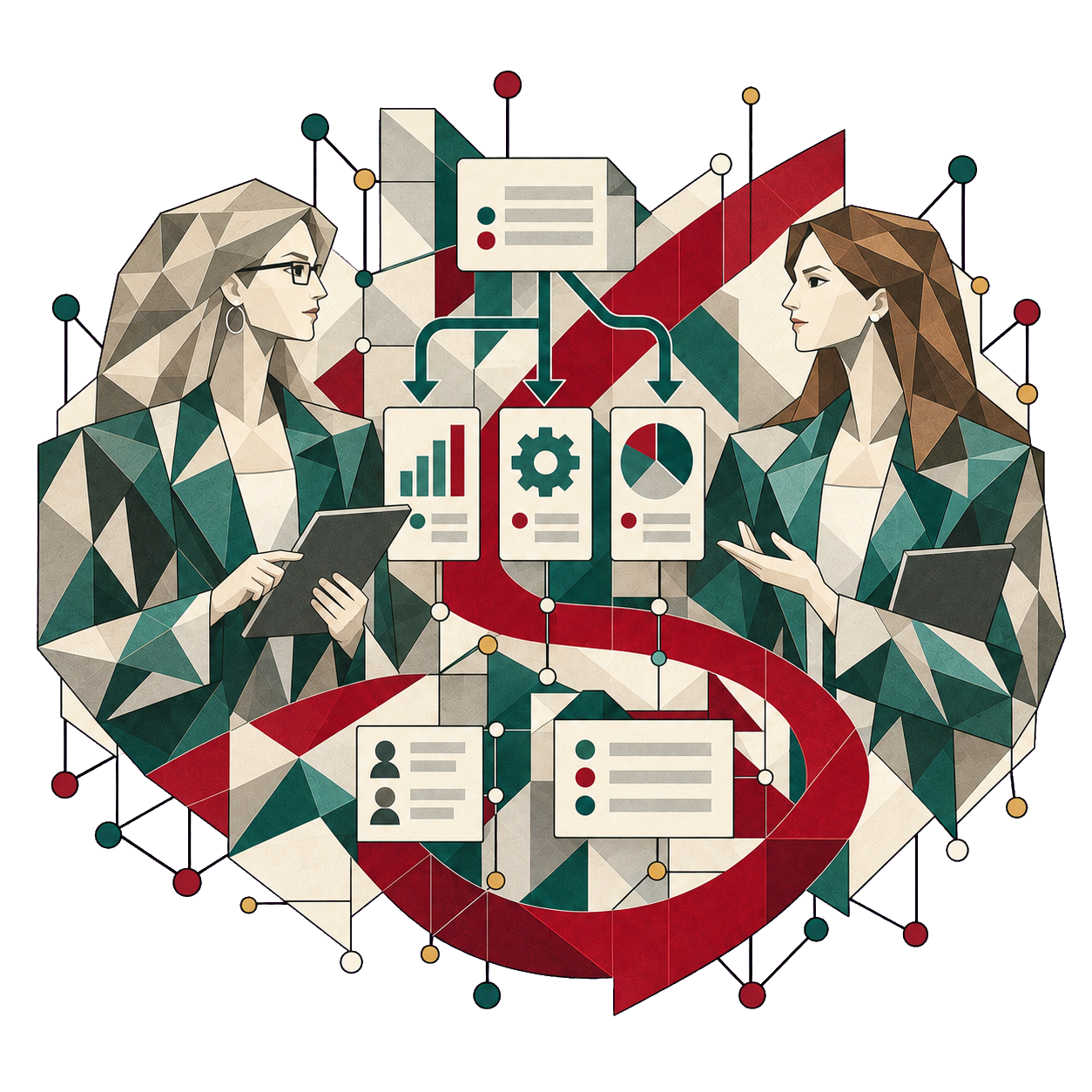 Illustration: Die beiden Steuerberaterinnen im Beratungsgespräch, verbunden durch digitale Notizen und Auswertungen